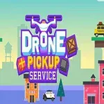 Barevná ilustrace s nápisem Drone Pickup Service zobrazující dron a město s budovami, stromy a auty