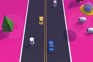Žluté a modré auto jedoucí po silnici s růžovým pozadím, obklopené stromy, ovcemi a létajícím talířem