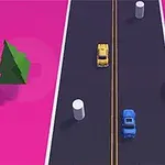 Žluté a modré auto jedoucí po silnici s růžovým pozadím, obklopené stromy, ovcemi a létajícím talířem