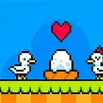 Duck Duck Dvě pixelové kachničky stojí vedle vajíčka na trávníku, nad nimi srdce