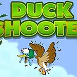 Název Duck Shooter s obrázkem kreslené kačeny s komickým výrazem na modrém pozadí s listy
