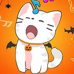 Roztomilá kreslená kočka s netopýřími křídly a dýňovým přívěskem zpívá na oranžovém pozadí s hudebními notami a halloweenskými motivy