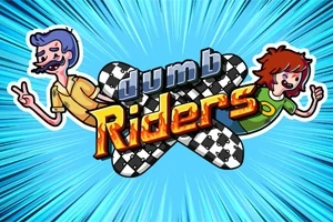 Dva kreslení postavy s názvem dumb Riders na modrém pozadí s paprsky