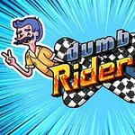 Dva kreslení postavy s názvem dumb Riders na modrém pozadí s paprsky