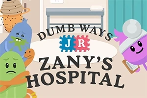 Barevné kreslené postavičky v nemocničním prostředí s nápisem Zanys Hospital