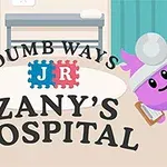 Barevné kreslené postavičky v nemocničním prostředí s nápisem Zanys Hospital