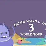 Fialové pozadí s nápisem Dumb Ways to Die 3 World Tour a kreslenými postavičkami u jezera