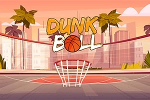 Na obrázku je basketbalové hřiště s palmami, v popředí je basketbalový koš, v pozadí jsou mrakodrapy a na horní části obrázku je nápis Dunk Ball s basketbalovým míčem místo písmene O