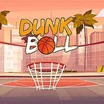 Na obrázku je basketbalové hřiště s palmami, v popředí je basketbalový koš, v pozadí jsou mrakodrapy a na horní části obrázku je nápis Dunk Ball s basketbalovým míčem místo písmene O