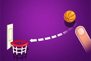 Basketbalový míč je právě vystřelen prstem směrem k obroučce na fialovém pozadí