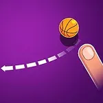 Basketbalový míč je právě vystřelen prstem směrem k obroučce na fialovém pozadí