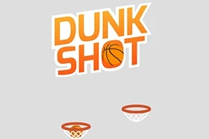 Nápis DUNK SHOT s oranžovým basketbalovým míčem a dvěma basketbalovými koši na šedém pozadí