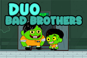 Dvě kreslené zelené postavičky ve vězeňských uniformách stojí před nápisem DUO BAD BROTHERS