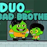 Dvě kreslené zelené postavičky ve vězeňských uniformách stojí před nápisem DUO BAD BROTHERS