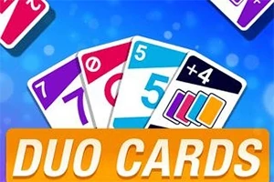 Sada barevných karetních karet na modrém pozadí s nápisem DUO CARDS