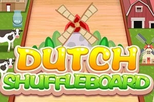 Barevná ilustrace s mlýnem, kravami, stodolou a nápisem Dutch Shuffleboard