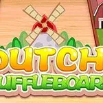 Barevná ilustrace s mlýnem, kravami, stodolou a nápisem Dutch Shuffleboard