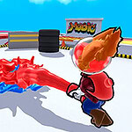 Postavičky bojující s barevnými proudy kapalin na městské střeše s modrou oblohou v pozadí