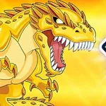 Žlutý kreslený dinosaurus s otevřenou tlamou a číslem 10 na zářivém pozadí