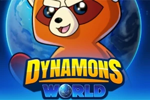 Oranžový kreslený tvor s velkýma očima a textem Dynamons World na pozadí planety