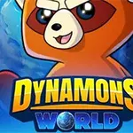 Oranžový kreslený tvor s velkýma očima a textem Dynamons World na pozadí planety