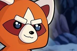 Oranžová kreslená panda s výrazným obočím a bílými detaily na pozadí připomínajícím skalnatý terén