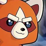 Oranžová kreslená panda s výrazným obočím a bílými detaily na pozadí připomínajícím skalnatý terén