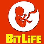 Červený a bílý obrázek zobrazující siluetu lidského embrya s nápisem BitLife ve žluté barvě