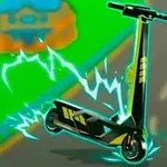 Elektrická koloběžka se žluto-černým motivem, obklopená modrými elektrickými výboji na barevném pozadí