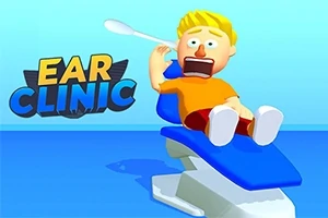 Postava sedící na modré zubařské křeslo s výrazem překvapení, s nápisem EAR CLINIC vedle postavy na modrém pozadí