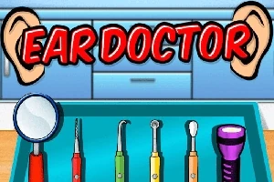 Nástroje lékaře na ušní vyšetření s nápisem Ear Doctor a obrázky uší