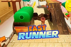 Kreslená postava běží po ulici s překážkami a nápisem East Runner v popředí