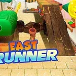 Kreslená postava běží po ulici s překážkami a nápisem East Runner v popředí