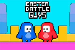 Dvě pixelové postavičky, jedna modrá a druhá červená, stojí proti sobě na barevném pozadí s textem Easter Battle Guys nahoře