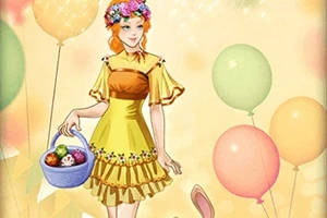 Žena v žlutých šatech s květinovým věncem na hlavě drží košík s kraslicemi, obklopená barevnými balónky