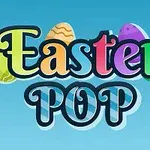 Barevný nápis Easter Pop s velikonočními vajíčky na modrém pozadí