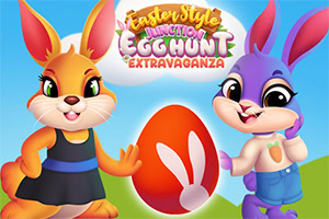 Easter Style Junction Egg Hunt Extravaganza Dvě kreslené králíčky stojí vedle velkého zdobeného velikonočního vajíčka na zeleném kopci s modrou oblohou v pozadí
