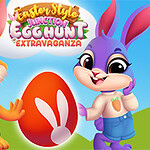 Easter Style Junction Egg Hunt Extravaganza Dvě kreslené králíčky stojí vedle velkého zdobeného velikonočního vajíčka na zeleném kopci s modrou oblohou v pozadí