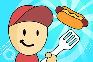 Kreslená postavička s červenou čepicí a tričkem držící v ruce obracečku a s hotdogem ve vzduchu na modrém pozadí