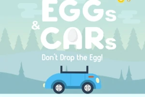 Modré auto se pohybuje po vlnitém terénu s nápisem EGGs & CARs, Dont Drop the Egg!