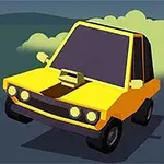 Žluté kreslené auto s velkými koly a zeleným kouřem za ním na silnici