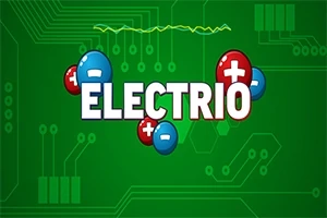Zelené pozadí s prvky tištěného spoje a nápisem ELECTRIO obklopeným červenými a modrými bublinami s plus a minus symboly