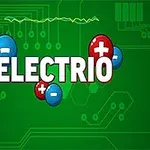 Zelené pozadí s prvky tištěného spoje a nápisem ELECTRIO obklopeným červenými a modrými bublinami s plus a minus symboly