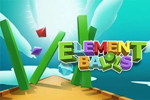 Barevné 3D bloky a drahokamy na dřevěné plošině s názvem Element Balls na modrém pozadí