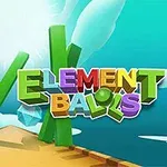 Barevné 3D bloky a drahokamy na dřevěné plošině s názvem Element Balls na modrém pozadí