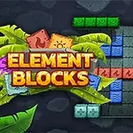 Barevné bloky a dlaždice na herní mřížce s nápisem Element Blocks obklopené tropickými listy
