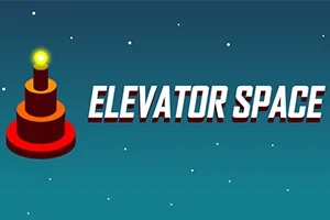 Název ELEVATOR SPACE vedle červené věžovité struktury se žlutě zářícím světlem na hvězdném pozadí