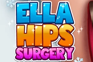 Barevný nápis Ella Hips Surgery s modrými, oranžovými a růžovými písmeny na světlém pozadí s vločkami