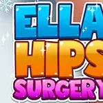 Barevný nápis Ella Hips Surgery s modrými, oranžovými a růžovými písmeny na světlém pozadí s vločkami