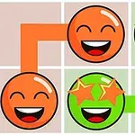 Dvě usměvavé oranžové a zelené tváře propojené oranžovou a zelenou cestou na mřížkovaném pozadí